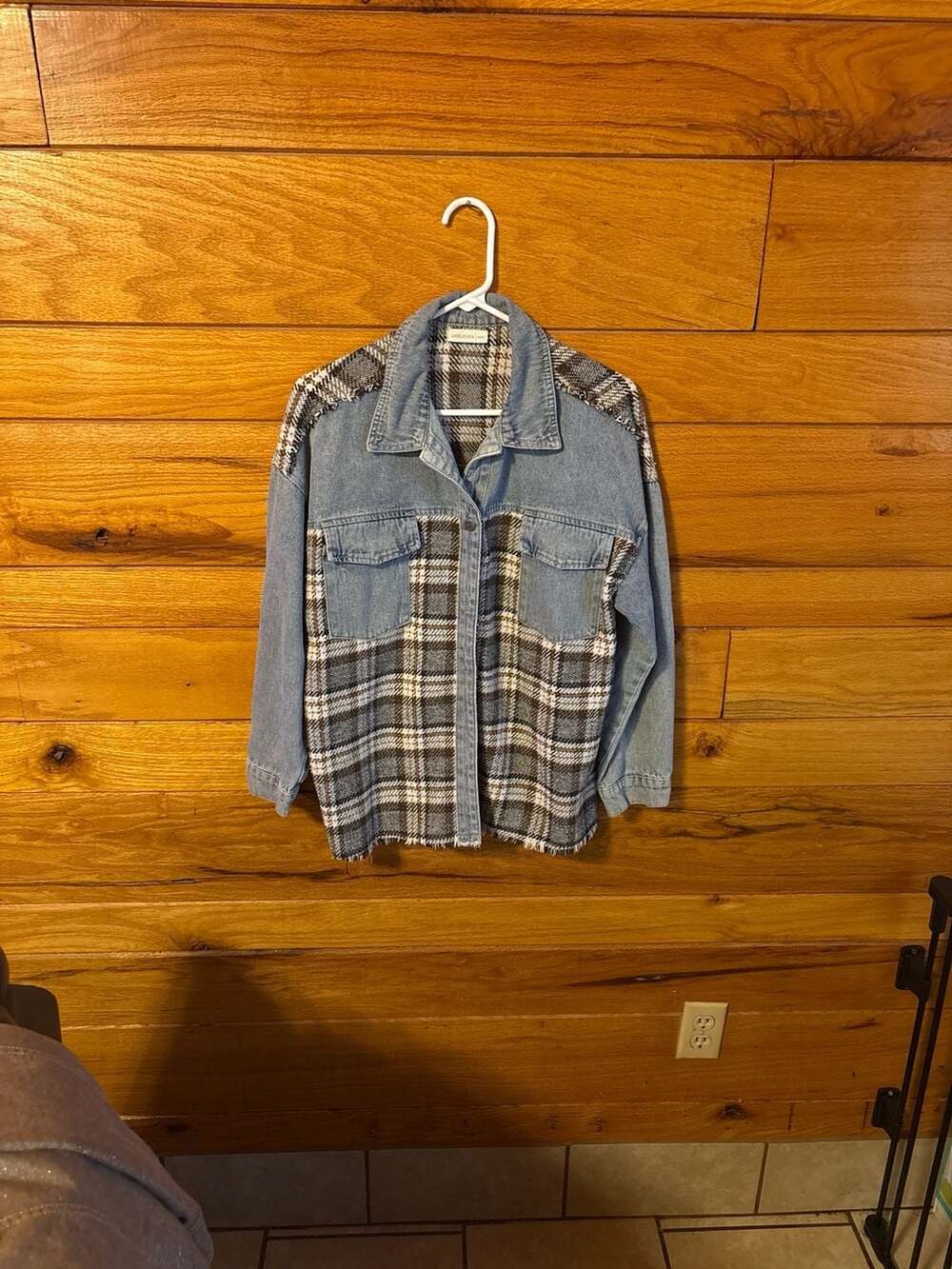 ONELEVEN Patchwork Plaid and Denim Frayed Hem Shacket Jacket